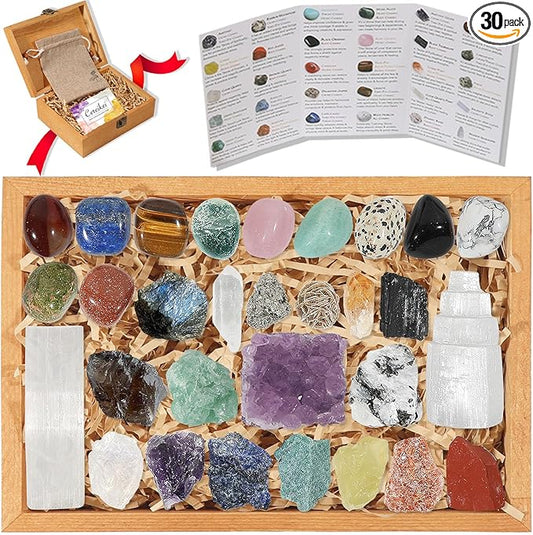 30 PCS Crystals and Stones Set, Natural Raw Healing Crystals and Tumbled Chakra Stones, Premium Protection Crystal Gift Kit Display in Wooden Box with Info Guide, Meditation, Yoga, Home Decor