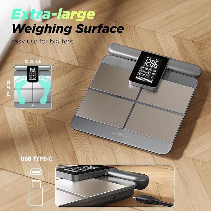 RunStar 8-Electrode Scale for Body Weight, Accurate Body Composition Scale with BMI Body Fat Muscle Mass 50+ Metrics, Rechargeable Body Analyzer with Large Screen Handle, 400lb, Silver