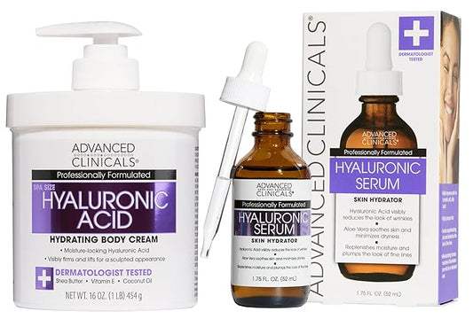 Advanced Clinicals Hyaluronic Acid Moisturizer Body Cream + Hyaluronic Acid Serum 2PC Skin Care Set | Face Serum & Body Lotion Help Diminish Appearance Of Wrinkles, Fine Lines, & Dry Skin, 2PC Bundle