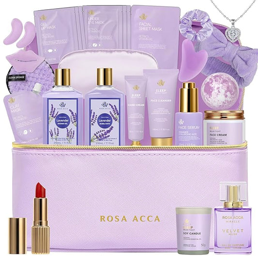 25 Pcs Mother's Day Gift, Lavender Bath & Body Gift Basket Set for Women, Hydrating Skin Care Set, Self Care Home Spa Gifts, Cosmetic Bag, Necklace, Christmas, Birthday, Anniversary, Wife
