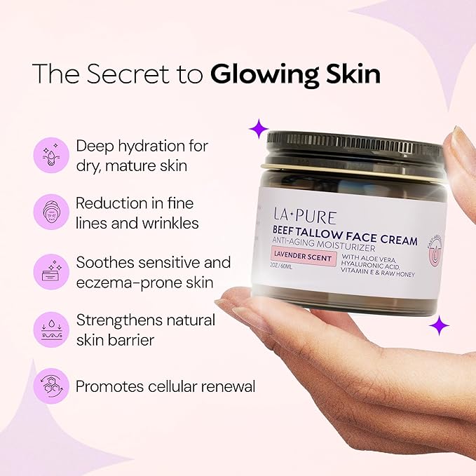 LA PURE Beef Tallow for Skin, Grass-Fed Tallow Face Cream with Organic Aloe Vera, Vegan Hyaluronate to Hydrate, Soothe Redness & Calm Sensitive Skin, Non-Greasy Moisturizer, Lavender Scent, 2oz