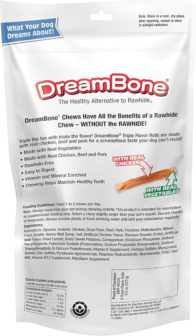 DreamBone Rolls Rawhide-Free Dog Treats with Real Protein, 6 Count | Daily Chew, Digests Safely and Completely, Made With Real Chicken, Beef, Pork and Veggies, For Adult Dogs