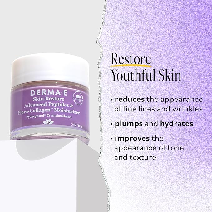 Derma E Advanced Peptides and Vegan Flora-Collagen Night Moisturizer – Hydrating Topical Facial Cream Improves Elasticity and Reduces Appearance of Lines and Wrinkles, 2 Oz