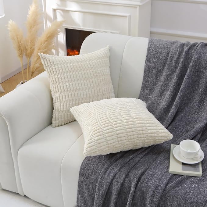 2 Pack Corduroy Decorative Throw Pillow with Inserts, 18x18 Inch Soft Boho Throw Pillow, Square Striped Throw Pillows for Couch, Bed, Sofa Decor (White)