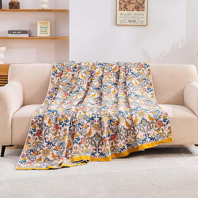 XIBLC Boho Blanket Throw Quilt, 100% Cotton Soft Light Weight Throw Blankets for Summer, 50"x60" Farmhouse Flower Decorative Blankets, All Season Rustic Reversible Bohemian Throw Quilt