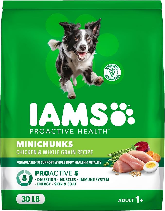 IAMS Proactive Health Adult Minichunks Dry Dog Food, Chicken, 30 lb | Real chicken #1 ingredient, no fillers, natural fiber & prebiotics, Omega-6 fatty acids, antioxidants for immune support