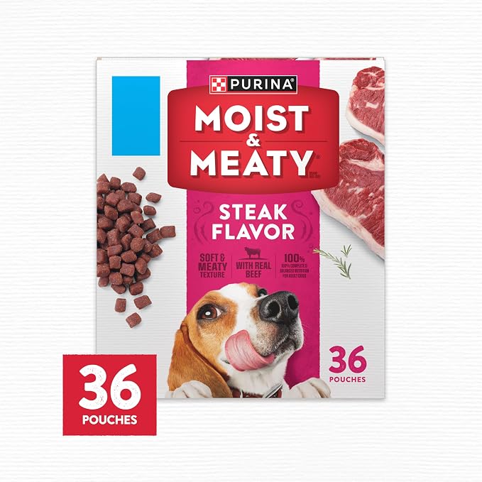 Purina Moist & Meaty Soft Dog Food Pouches, 36 ct | Steak Flavor adult dog food, made with real beef, individual pouches, no-mess meal or tasty treat