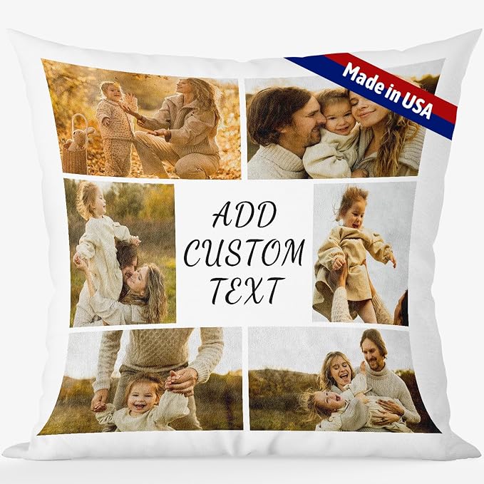 Bemaystar Custom Pillow with Picture & Text, Ships Next Day, Made in USA - Personalized Pillowcover- Love Keepsake, Customized Gifts, Mothers Day Decorative Throw Pillow(No Insert)-6photos