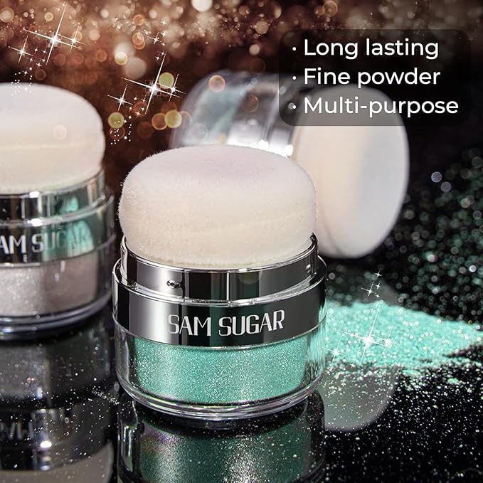 Body Shimmer Powder, Body Glitter Powder with Sponge Head, 3D Contour & Long Lasting Luminous, Glow Highlighter Makeup for Face, Eyes, Hair, Perfect for Daily, Party (Cyan, 1.13 Oz)