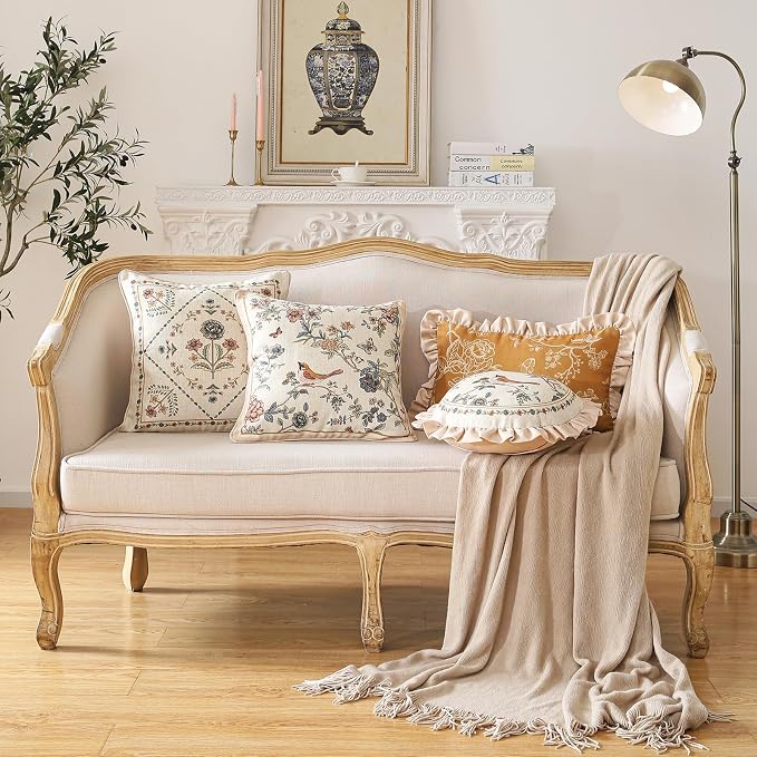 Designer Linen Throw Pillow Cover,Set of 2,18"x18"-Cornucopia A | Elegant French Square Pillow Cover,Concealed Zipper,Floral and Bird Pattern,Sofas,Bedroom,Living Room,Lounge Chairs