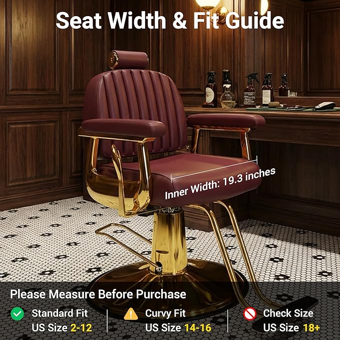 Baasha Burgundy & Gold Reclining Salon Chair - Vintage Hydraulic Barber Chair with Removable Headrest - Heavy Duty All Purpose Styling Chair for Lash, Braiding & Tattoo - Wide Seat, 440 lbs Cap.