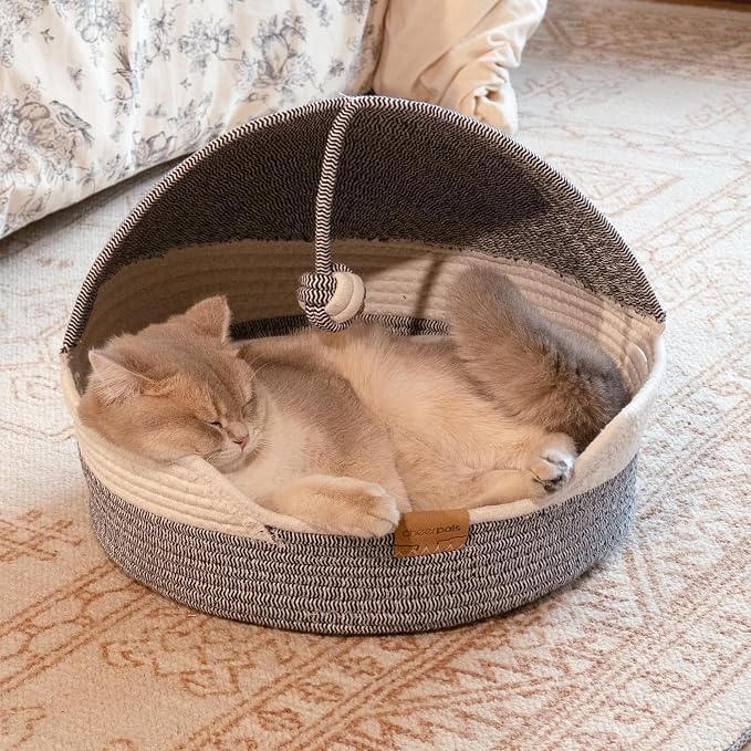 CHEERPALS Cat Basket Bed with Washable Cushion and Ball Rope Cotton, Covered Pet Bed for Indoor Cats Cave Bed Hooded, Stimulicat Cat Bed Handwoven Breathable, All Season Universal(Blue)