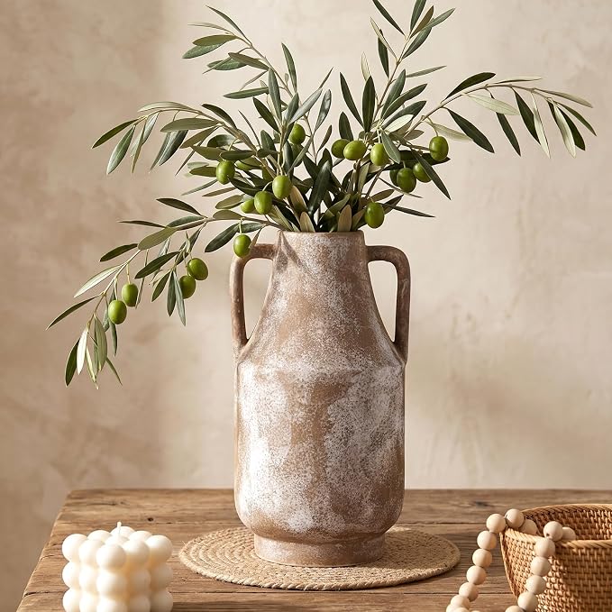 Ceramic Flower Vase with Handles, 11in Tall Rustic Vases for Centerpieces | Waterproof Large Decorative Terracotta Vases for Home Decor, Living Room,Table, Handcrafted (Terracotta)