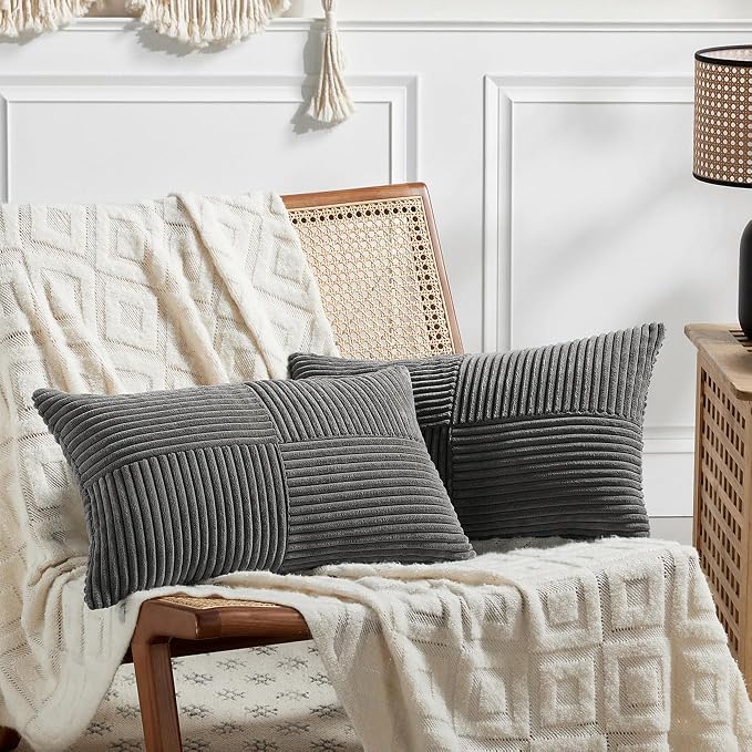 Fancy Homi Dark Gray Lumbar Decorative Throw Pillow Covers 20x28 Inch for Living Room Couch Bed Sofa, Farmhouse Home Decor, Soft Striped Corduroy Rectangle Accent Cushion Case 50x70 cm