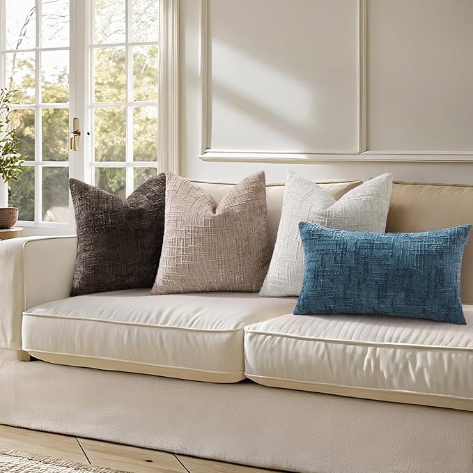 decorUhome Textured Chenille Throw Pillow Covers 20x20 Set of 2 Navy Blue | Fall Modern Farmhouse Soft Cozy Slubby Couch Pillow Cases Boho Decorative Pillow Cases for Bed Sofa Living Room Home Decor