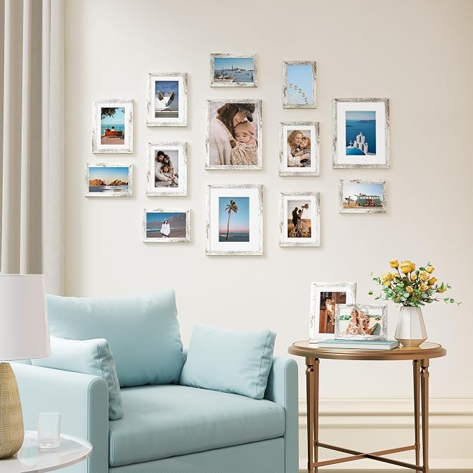 Vittanly 15 Pack Picture Frames Collage Wall Decor, Wall/Tabletop Display | Distressed White, Multi-Size Gallery Wall Frame Set: 3pcs 8x10, 6pcs 5x7, 6pcs 4x6. Picture Frame Set for Family