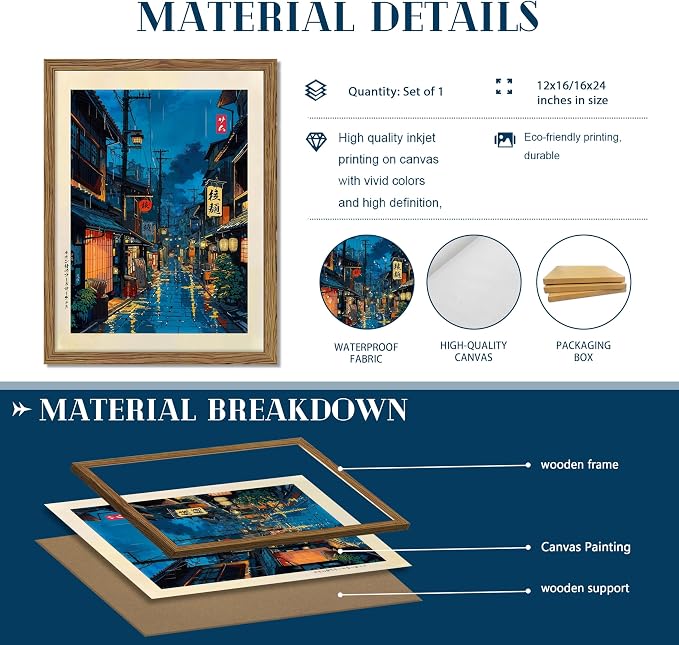 Framed Japanese Wall Art, Asian Tokyo Tea House Canvas Wall Decor Painting, Cool Japanese Night Posters Prints Pictures for Bedroom Living Room Bathroom Home Decor 16x24 Inch