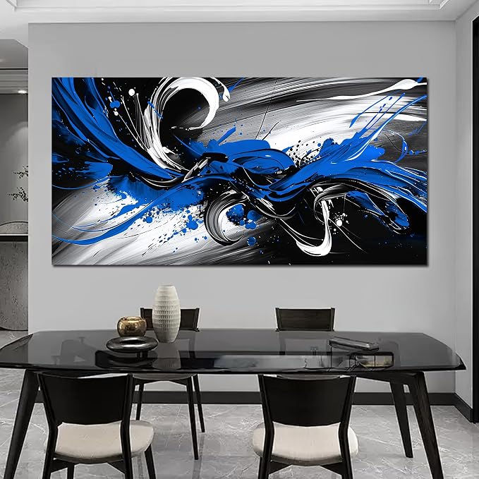 Black and White Blue Large Canvas Wall Art for Living Room Framed Print Picture Painting Bedroom Office Wall Decor Modern Room Abstract Wall Decorations Artwork Size 30x60 Ready to Hang