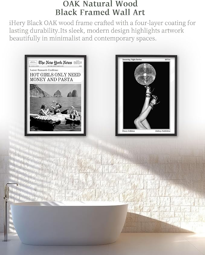 iHery 8x10in Hot Girls Only Need Money and Pasta Framed Wall Art | Premium Black OAK Wood Frame with Canvas Print, Funny Italian Decor for Kitchen, Dining Room, Dorm and Living Room, 1Pack