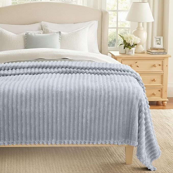 decorUhome Light Grey Fleece Queen Blanket 90x90 Inches | Soft Fleece Bed Cozy Fluffy Plush Flannel Large Striped Throws for Couch Sofa, Decorative Fuzzy Blanket for Woman