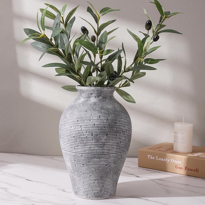 Ceramic Flower Vase Home Decor, 9 in Farmhouse Table Vases Rustic Vintage Living Room Kitchen Bedroom Pottery Decorative Vases for Flowers House Book Shelf Office Coffee Desk Dining Entryway, Grey