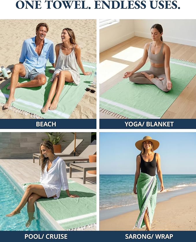 LANE LINEN Turkish Beach Towels, 2 Pack Extra Large Beach Towel, Pre-Washed for Soft Feel, Oversized Sand Free Quick-Dry Pool Towel, Beach Towels for Adults,39"x71" - Jade Green