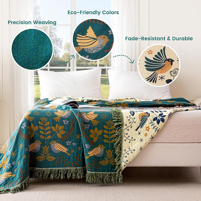 MSGKV Boho Throw Blanket 50"x60" Cotton Blanket for Couch & Living Room | 50"x60" Cotton Throw, Woven Bird Blanket, Living Room Decor, Summer Comfort, Decorative Throw, Sofa Cover, Machine Washable