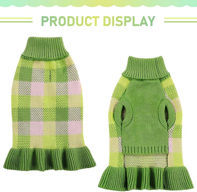 Dog Sweater Dress Plaid Knitwear for Small Medium Dogs Warm Puppy Pet Turtleneck Stretch Pullover Cute Fall Winter Vest Clothes with Leash Hole for Christmas (Green, XS)