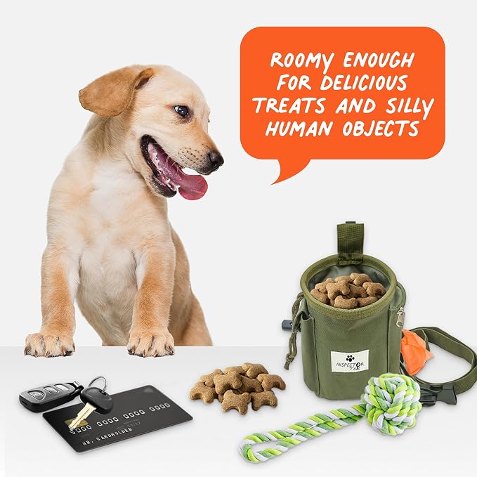 INSPECTOR TAIL Dog Treat Pouch for Training, Drawstring Bag, Hands Free | 2 Cup Tote, 4 Ways to Wear, No Bounce, Pull-Out Liner, Pockets for Snacks, Poop Bags & Keys, Pet Walking & Rewarding Holder