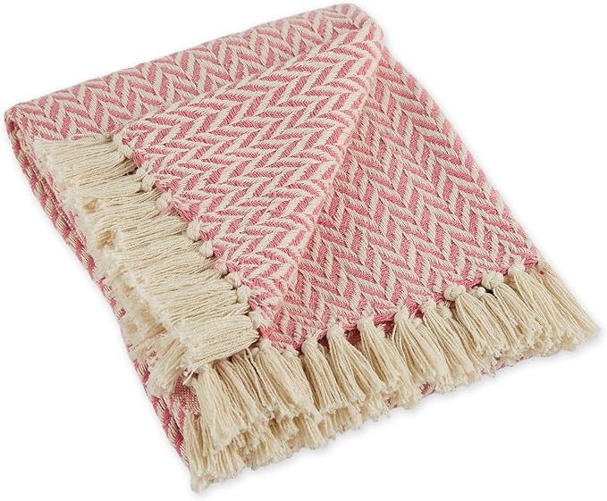DII Modern Zig Zag Throw Blanket Woven Cotton, Hand-Knotted 2.5" Fringe, 50x60, Blush Pink