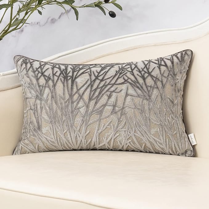 Grey Throw Pillow Cover Velvet Cushion Cover Branches Rectangular Pillowcase for Sofa Couch Bedroom Living Room, 12x20 Inch