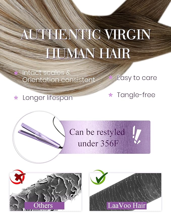 LaaVoo Nano Bead Hair Extensions Medium Brown Balayage Blonde Nano Hair Extensions Real Human Hair 22 in 50g 50s