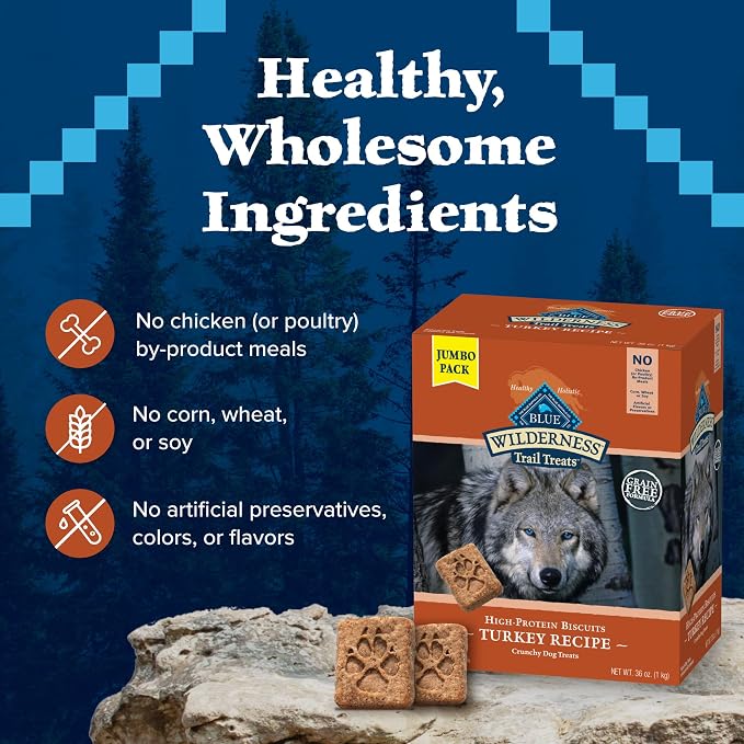 Blue Buffalo Wilderness Trail Treats Crunchy Dog Biscuits Grain-Free and High-Protein Dog Treats, Turkey Recipe 36-oz Box (Pack of 3)
