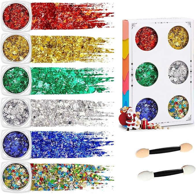 Christmas Body Glitter Colorful Face Glitter Gold Hair Glitter Gel Green Face Paint Rave Red Makeup Glitter Festival Face Gems 6 Shapes Chunky Glitter Gel for Women Girls