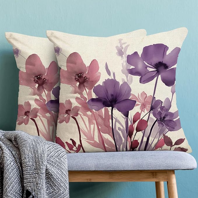 Floral Pillow Covers 18x18 Inches Set of 2 Pink Purple Floral Throw Pillow Covers Outdoor Rustic Spring Summer Flower Decoration Pillowcase Farmhouse Decorative Cushion Cover for Home Couch