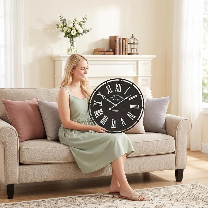 EMAX HOME 20 Inch Large Farmhouse Wall Clock, Rustic Black Distressed Wood Grain Face with White Roman Numerals, Silent Non-Ticking Quartz Movement, Metal Frame Wall Decor for Living Room, Bedroom.
