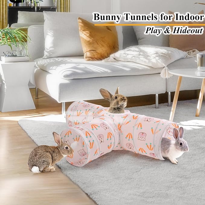 HERCOCCI Rabbit Toys, Bunny Tunnels & Tubes, Collapsible 3 Way Rabbit Hideout Tunnel with Chew Toys for Bunny Guinea Pig Ferret Kitten