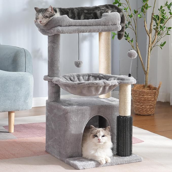 Cat Tree 32” Small Cat Tower with Large Hammock 16”& Self Groomer | Compact Cat Tree with Hammock 16” Dia, Removable Bed, Scratching Post & Self Groomer Small Cat Tree for Indoor & Adult Cats