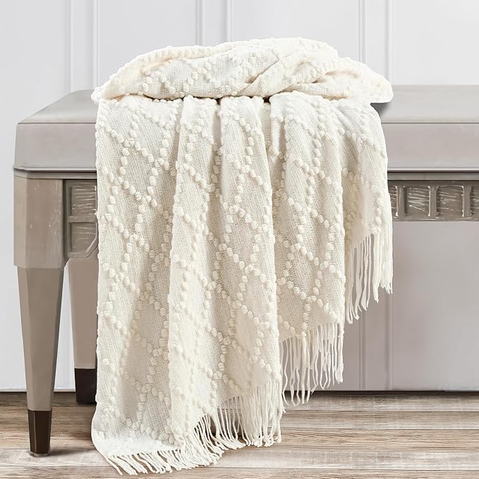 BOURINA White Throw Blanket 50 x70 Inch Jacquard Throw Knitted Blanket | Jacquard Argyle Throw Textured Solid Soft Throws and Blankets for Sofa or Bed Knitted Decorative Blanket