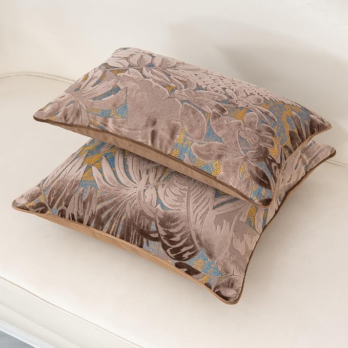 Alerfa Brown Throw Pillow Cover 20x20 Inch, Square Cut Velvet Maple Leaf Embroidery Luxury Farmhosue Accent Decorative Pillow Cover for Couch Living Room Bedroom