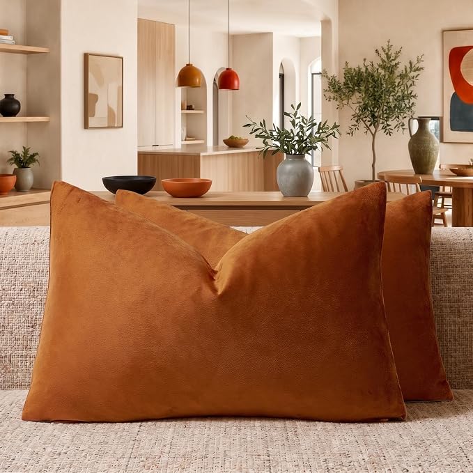 GIGIZAZA Burnt Orange Velvet Throw Pillow Covers 12x20 Pack of 2 | Decorative Lumbar Pillows for Couch Sofa,280gsm Soft Textured Fabric,Modern Pillowcases,Luxury Cushion Covers