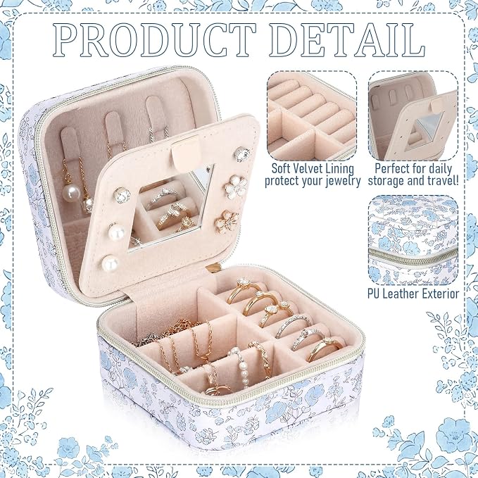 Blue Floral Travel Jewelry Case Quilted Small Jewelry Organizers and Storage Box Gifts with Mirror for Women Girls to Organize Rings, Necklaces Earrings Bracelet Little Accessories Holder