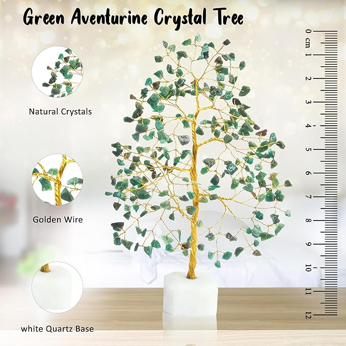 Crocon Green Aventurine Crystal Tree of Life Natural Quartz Base Chakra Handmade Gemstone Feng Shui Decor, Money Tree Bonsai Decoration Healing Crystal Spiritual Gift