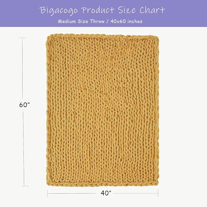 Bigacogo Chunky Knit Throw Blanket for Couch, 40x60 inches, Mustard Yellow | Hand Knit with Jumbo Chenille, Soft Breathable Cable Knit for Sofa Bed Living Room, Machine Washable, Gift for Mom Friend