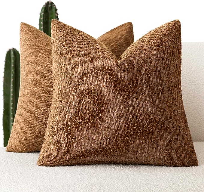 Foindtower Pack of 2 Textured Boucle Throw Pillow Covers Accent Solid Pillow Cases Cozy Soft Decorative Couch Cushion Case for Chair Sofa Bedroom Living Room Home Decor 18x18 Inch Hazel Brown