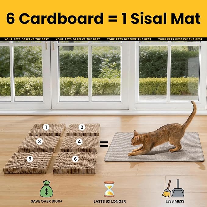 Conlun Cat Scratching Pad, 27.5x35.4in Sisal Mat Couch Protector | Indoor Cat Scratcher Mat, Mess-free, Anti-slip Backing, Hook&Loop Tape for Furniture Door Wall, Grey