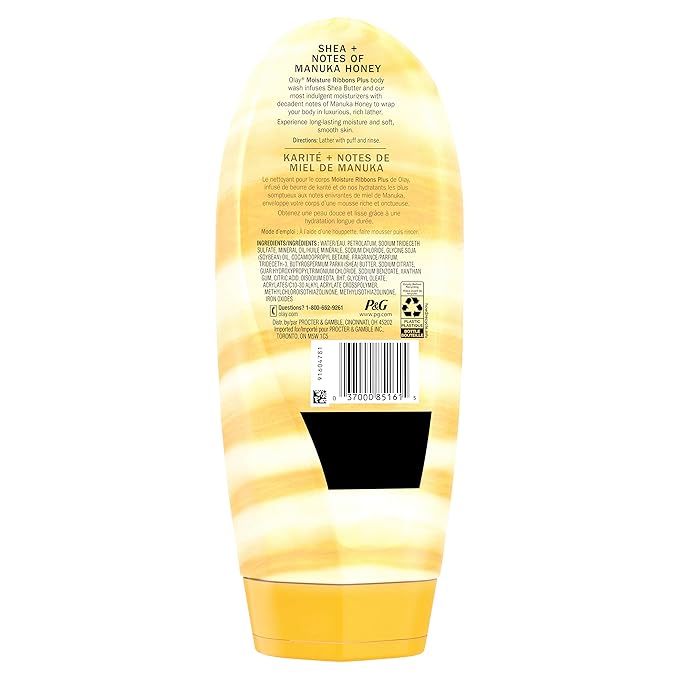 Olay Body Wash for Women, Moisture Ribbons Plus, Deep Conditioning & Moisturizing Formula, Long Lasting Smooth Soft Skin, For All Skin Types, Shea Butter & Manuka Honey Scent, 18 fl oz