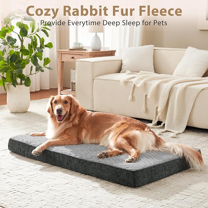 JOEJOY XL Dog Beds Large Sized Dog, Orthopedic Big Dogs Crate Bed with Washable Removable Cover, Extra Thick Egg-Crate Memory Foam Pet Beds up to 80 lbs, Light Grey, 41"x27"