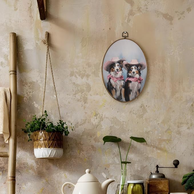 LKETW Vintage Western Australian Shepherd Oval Wall Art Decor, Pink Cowgirl Aussie Dog Oval Canvas Hanging Decor, Australian Shepherd Gifts Wall Decorations for Girly Bedroom Room Home, 8.6x11.4 Inch