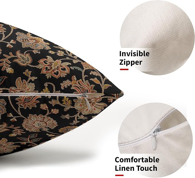 Black Brown Floral Lumbar Pillow Covers 12X20 Inch Set of 2 Vintage Boho Carpet Flowers Decorative Pillow Cases Leaves Plant Cotton Linen Cushion Case Farmhouse Home Decor For Sofa Couch Living Room